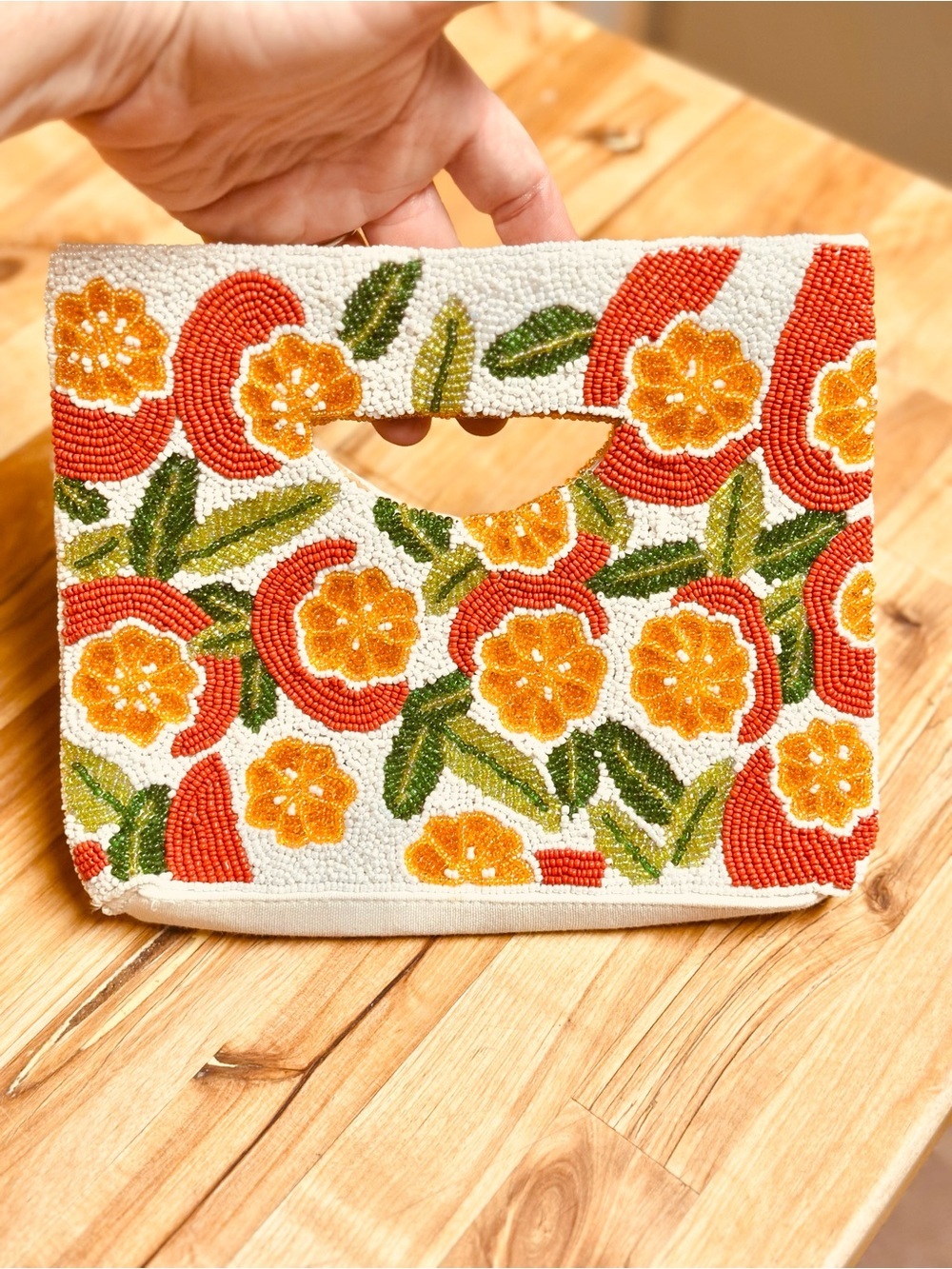 Beaded Floral Handheld Clutch in White, Orange & Green